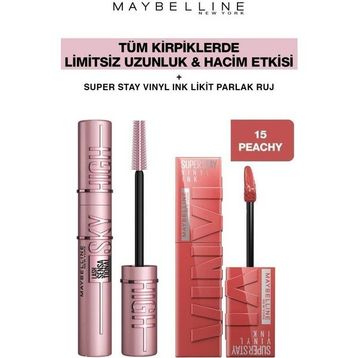 Maybelline Lash Sensational Sky High Maskara + Super Stay Vinyl Ink 15 Peachy Likit Parlak Ruj