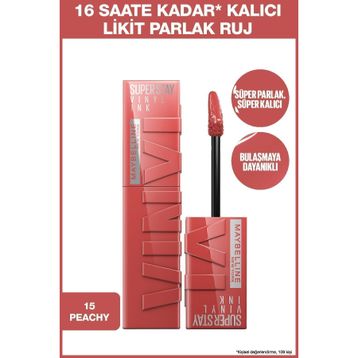 Maybelline New York 15 Peachy Super Stay Vinyl Ink Uzun Süre Kalıcı Şeftali Tonlu Likit Parlak Ruj