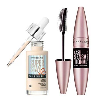 Maybelline New York Lash Sensational Yelpaze Etkili Intense Black Maskara Ekstra Siyah Super Stay Skin Tint Fondöten 03 Makyaj Seti