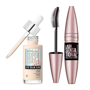 Maybelline New York Lash Sensational Yelpaze Etkili Intense Black Maskara Ekstra Siyah Super Stay Skin Tint Fondöten 03 Makyaj Seti
