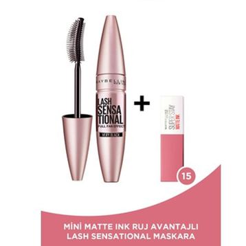 Maybelline New York Lash Sensational Yelpaze Etkili Siyah Maskara Mini Super Stay Matte Ink Likit Mat Ruj 65 Seductress Makyaj Seti
