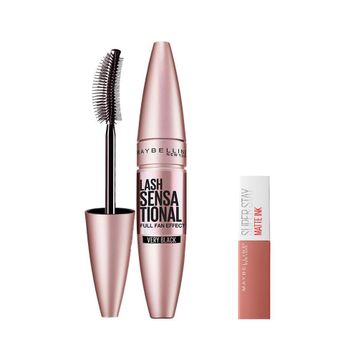 Maybelline New York Lash Sensational Yelpaze Etkili Siyah Maskara Mini Super Stay Matte Ink Likit Mat Ruj 65 Seductress Makyaj Seti