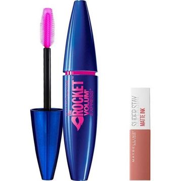 Maybelline Volum Express Rocket Ekstra Siyah Maskara + Mini Super Stay Matte Ink 65 Seductress Likit Mat Ruj Makyaj Seti