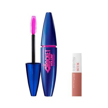 Maybelline Volum Express Rocket Ekstra Siyah Maskara + Mini Super Stay Matte Ink 65 Seductress Likit Mat Ruj Makyaj Seti