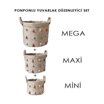 Mbois 03785 Mini Boy Keçe Katlanabilir Çok Amaçlı Ponponlu Yuvarlak Düzenleyici Saklama Kutusu Organizer