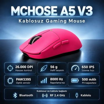 Mchose A5 V3 Şarjlı Makrolu Ergonomik Optik Gaming Mouse