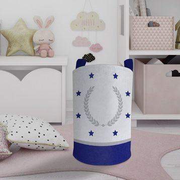 Mekta Home Başak ve Yıldız Desenli Mavi Gri Çerçeveli Bebek ve Çocuk Odası Oyuncak Sepeti