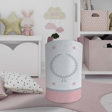Mekta Home Çelenk ve Yıldız Desenli Pembe Gri Çerçeveli Bebek ve Çocuk Odası Oyuncak Sepeti
