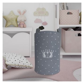 Mekta Home Kral Tacı ve Yıldız Desenli Gri Bebek ve Çocuk Odası Oyuncak Sepeti