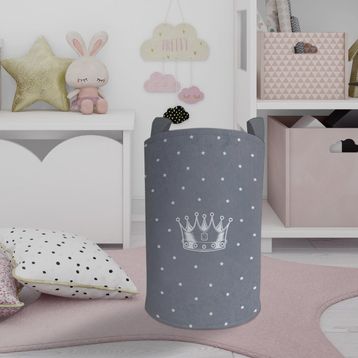 Mekta Home Kral Tacı ve Yıldız Desenli Gri Bebek ve Çocuk Odası Oyuncak Sepeti
