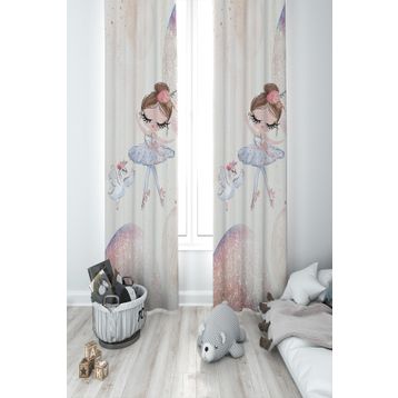 Mekta Home MKT-378 Bebek ve Çocuk Odası Sevimli Balerin Kız 2 Kanat Fon Perde