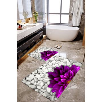 Mekta Home MKTBP-010 60x10050x60 cm 3 Boyutlu Mor Çiçekli Paspas Takımı