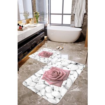 Mekta Home MKTBP-0120 60x100 50x60 cm Gül ve Taş 2'li Banyo Paspas Takımı