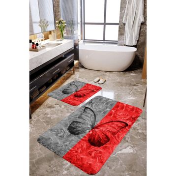 Mekta Home MKTBP-0122 60x100 50x60 cm Gri Kırmızı Kelebek 2'li Banyo Paspas Takımı