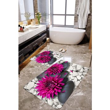 Mekta Home MKTBP-016 60x10050x60 cm 3 Boyutlu Çiçek ve Taşlı 2'li Banyo Paspas Takımı