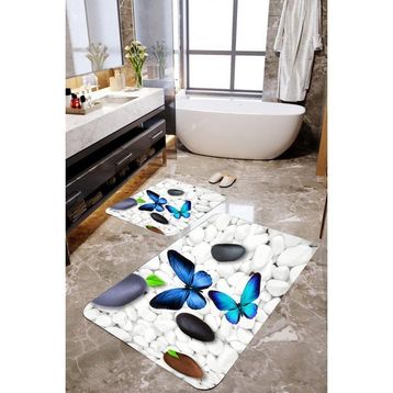 Mekta Home MKTPP-2001 60x100 50x60 cm 3 Boyutlu Kelebek ve Taşlı 2'li Banyo Paspas Takımı