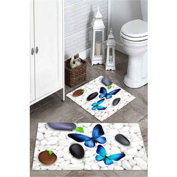 Mekta Home MKTPP-2001 60x100 50x60 cm 3 Boyutlu Kelebek ve Taşlı 2'li Banyo Paspas Takımı