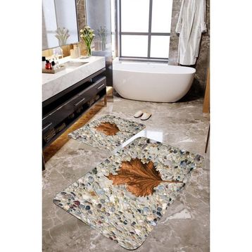 Mekta Home MKTPP-2006 60x100 50x60 cm 3 Boyutlu Çınar Yaprak ve Taş Desenli 2'li Banyo Paspas Takımı