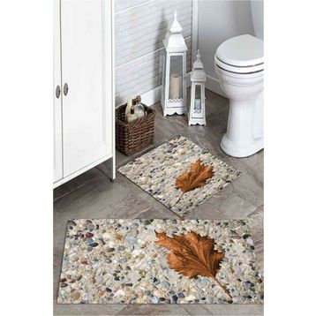 Mekta Home MKTPP-2006 60x100 50x60 cm 3 Boyutlu Çınar Yaprak ve Taş Desenli 2'li Banyo Paspas Takımı