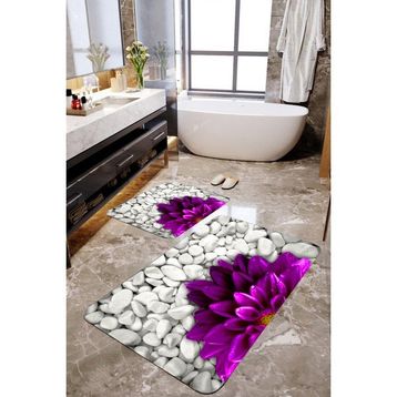 Mekta Home MKTPP-2010 60x100 50x60 cm 3 Boyutlu Mor Çiçekli Paspas Takımı