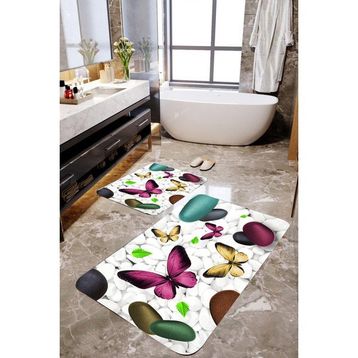 Mekta Home MKTPP-2011 60x100 50x60 cm 3 Boyutlu Kelebek ve Taşlı 2'li Banyo Paspas Takımı