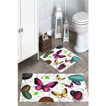 Mekta Home MKTPP-2011 60x100 50x60 cm 3 Boyutlu Kelebek ve Taşlı 2'li Banyo Paspas Takımı