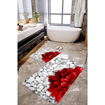 Mekta Home MKTPP-2015 60x100 50x60 cm 3 Boyutlu Kırmızı Çiçekli 2'li Banyo Paspas Takımı
