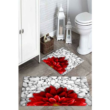 Mekta Home MKTPP-2015 60x100 50x60 cm 3 Boyutlu Kırmızı Çiçekli 2'li Banyo Paspas Takımı