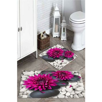 Mekta Home MKTPP-2016 60x100 50x60 cm 3 Boyutlu Çiçek ve Taşlı 2'li Banyo Paspas Takımı