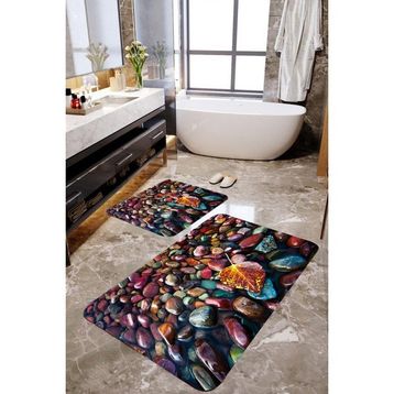 Mekta Home MKTPP-2017 60x100 50x60 cm 3 Boyutlu Renkli Taşlı 2'li Banyo Paspas Takımı