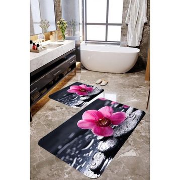 Mekta Home MKTPP-2023 60x100 50x60 cm 3 Boyutlu Menekşe ve Taşlı 2'li Banyo Paspas Takımı