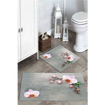 Mekta Home MKTPP-2026 60x100 50x60 cm 3 Boyutlu Kiraz Çiçeği 2'li Banyo Paspas Takımı
