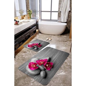 Mekta Home MKTPP-2035 60x100 50x60 cm 3 Boyutlu Gri Taşlı 2'li Banyo Paspas Takımı