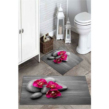 Mekta Home MKTPP-2035 60x100 50x60 cm 3 Boyutlu Gri Taşlı 2'li Banyo Paspas Takımı