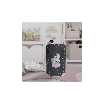 Mekta Home Pembe Bulut Üzerinde Unicorn Desenli Siyah Bebek ve Çocuk Odası Oyuncak Sepeti