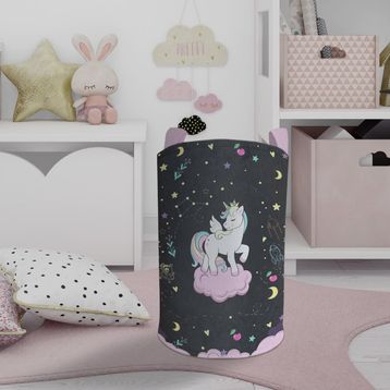 Mekta Home Pembe Bulut Üzerinde Unicorn Desenli Siyah Bebek ve Çocuk Odası Oyuncak Sepeti