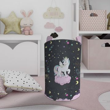 Mekta Home Pembe Bulut Üzerinde Unicorn Desenli Siyah Bebek ve Çocuk Odası Oyuncak Sepeti