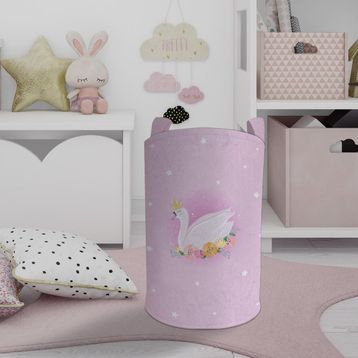 Mekta Home Pembe Kuğu Desenli Bebek ve Çocuk Odası Oyuncak Sepeti