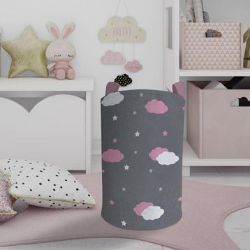 Mekta Home Pembe ve Beyaz Bulut Desenli Bebek ve Çocuk Odası Oyuncak Sepeti