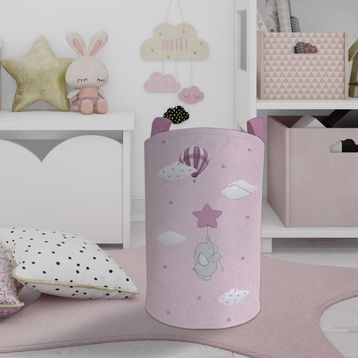 Mekta Home Pembe Yıldızlı Fil Desenli Bebek ve Çocuk Odası Oyuncak Sepeti