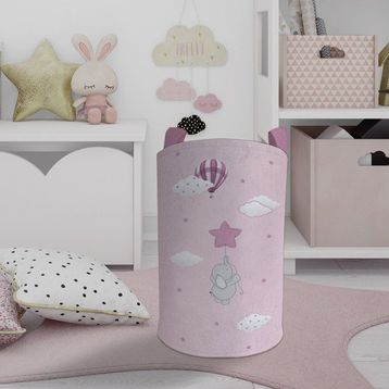 Mekta Home Pembe Yıldızlı Fil Desenli Bebek ve Çocuk Odası Oyuncak Sepeti