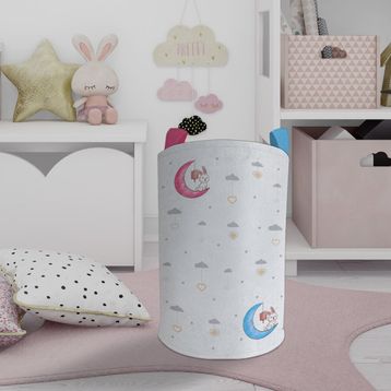 Mekta Home Renkli Ay ve Tavşan Desenli Bebek ve Çocuk Odası Oyuncak Sepeti