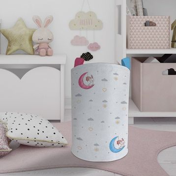 Mekta Home Renkli Ay ve Tavşan Desenli Bebek ve Çocuk Odası Oyuncak Sepeti