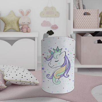Mekta Home Renkli Unicorn Desenli Beyaz Bebek ve Çocuk Odası Oyuncak Sepeti