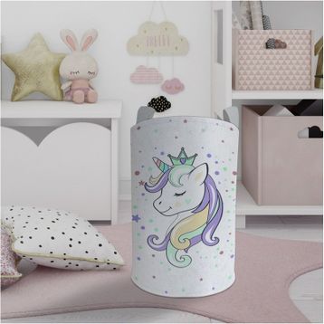 Mekta Home Renkli Unicorn Desenli Beyaz Bebek ve Çocuk Odası Oyuncak Sepeti