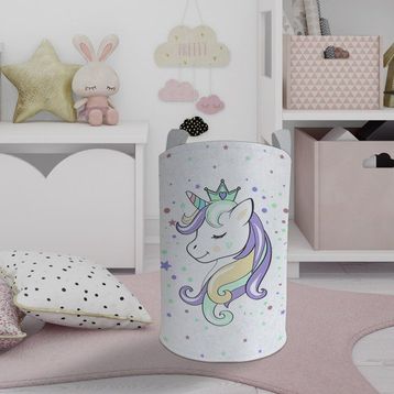 Mekta Home Renkli Unicorn Desenli Beyaz Bebek ve Çocuk Odası Oyuncak Sepeti