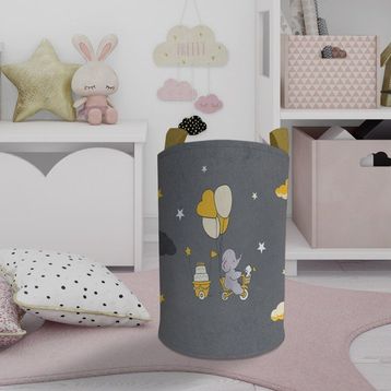 Mekta Home Sarı Bulutlu ve Bisikletli Fil Desenli Bebek ve Çocuk Odası Oyuncak Sepeti