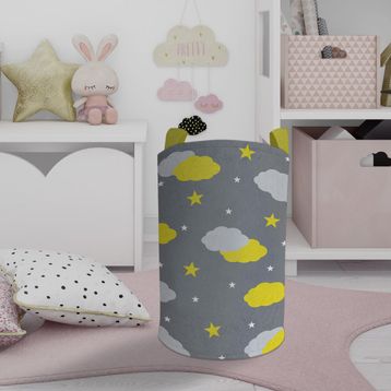 Mekta Home Sarı Gri Bulutlu Yıldız Desenli Bebek ve Çocuk Odası Oyuncak Sepeti