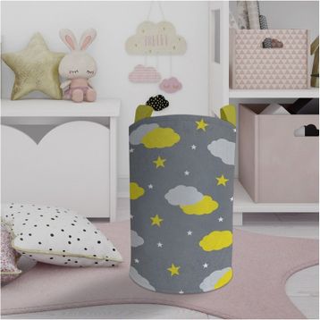Mekta Home Sarı Gri Bulutlu Yıldız Desenli Bebek ve Çocuk Odası Oyuncak Sepeti
