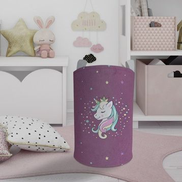 Mekta Home Unicorn Renkli Desenli Mor Bebek ve Çocuk Odası Oyuncak Sepeti